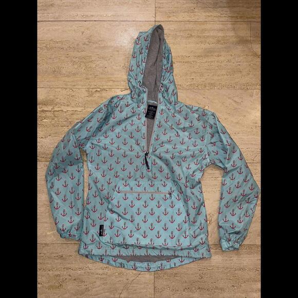 Charles River Aqua Coral Anchor Hooded Rain Coat Anorak Mercyhurst Lined‎ XXS - Picture 1 of 5